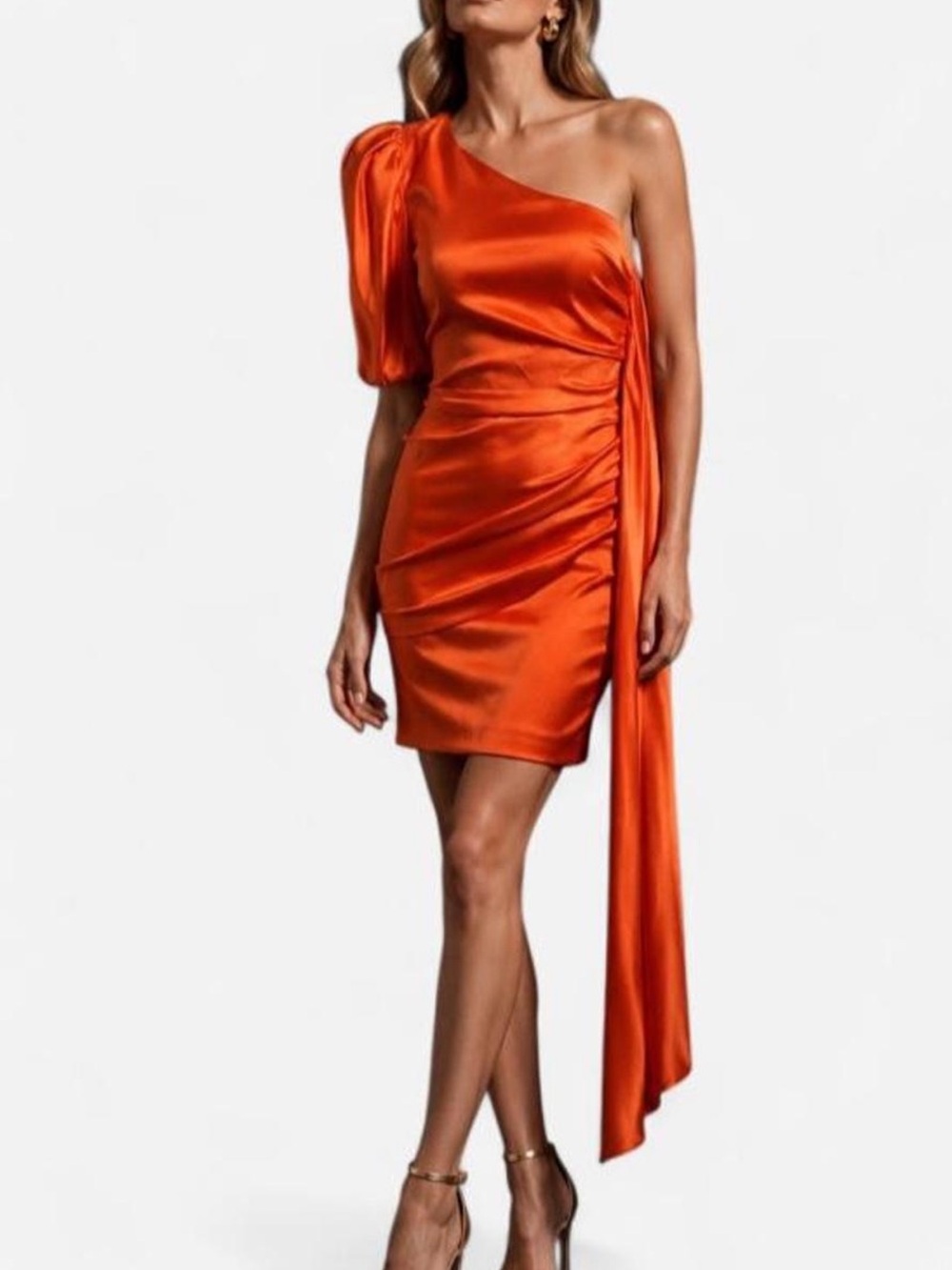 Posh Couture One-Shoulder Satin Dress in Bright Orange with Draped Sash